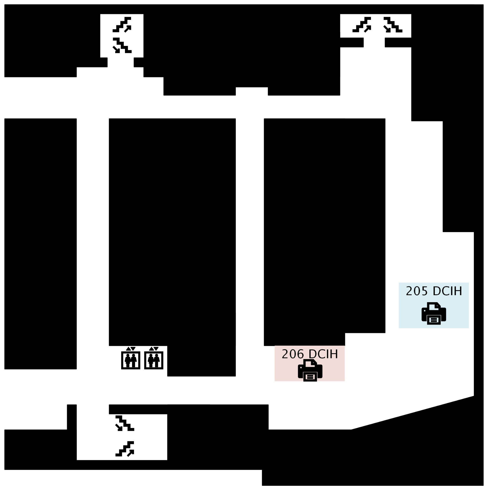 A map of the second floor of DCIH, indicating a printer with print, copy, and scanning capabilities is available in DCIH 205 and a printer with printing capabilities only is available in DCIH 206